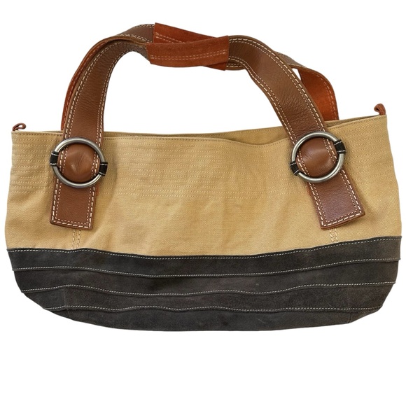 FOSSIL Khaki Canvas Brown Suede with Rust Colored Suede Straps Shoulder Tote Bag - Picture 1 of 11